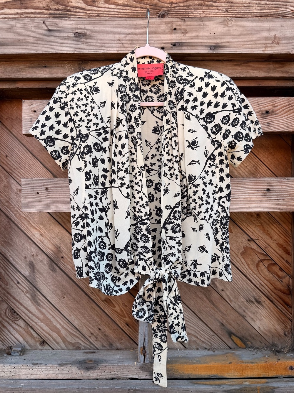 Emanuel Ungaro Cream and Black Floral Tie-Front Blouse